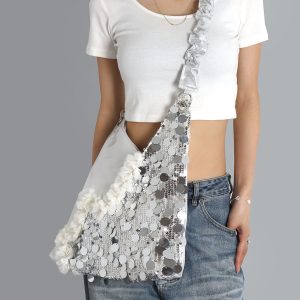 Summer Cute Cat Tote Bag with Silver Sequins - Trendy Large Capacity Shoulder Crossbody Bag