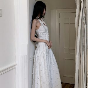 Summer Floral Edge Halter Camisole - Women's Garden-Style Slim Neck White Top for Y2K and 90s Fashion