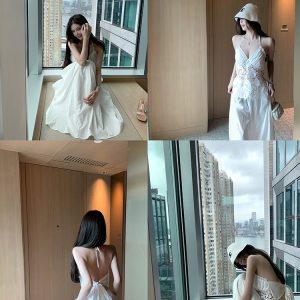 Summer Halter Neck Dress in Jasmine White Tea with Lace Splice - Long Vacation Dress for a Chic 90s Look