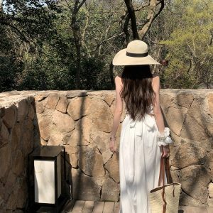 Summer Halter Neck Dress in Jasmine White Tea with Lace Splice - Long Vacation Dress for a Chic 90s Look