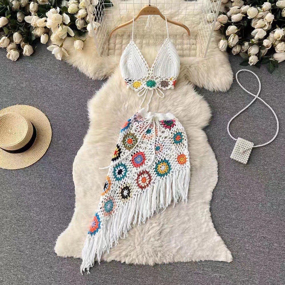 Summer Halter Neck Two-Piece Set for Women, Backless High-Waisted Skirt with Hollow-Out Design and Tassels, Beach Vacation Outfit