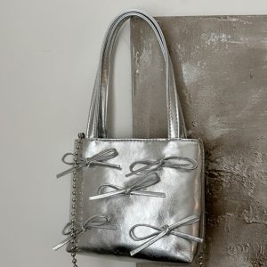 Summer High-End Women's Bucket Handbag with Chain and Silver Bow - Trendy 2025 Fashion Accessory
