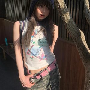 Summer Hooded Sleeveless Vest for Women, Creative Printed Slim Fit T-Shirt, Trendy Cool Style for Girls