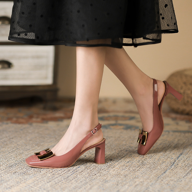 Summer Italian-Style Chunky Heel Soft Sole Shoes with Metal Buckle – Comfortable Shallow Mouth Square Toe Design