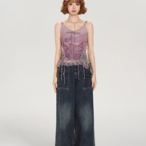 Summer Lace Splicing Printed Slim-Fit Tank Top for Women - American Style Spicy Girl Fashion