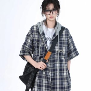 Summer Loose Plaid Hooded Short-Sleeve Shirt for Women - Casual Chic Style