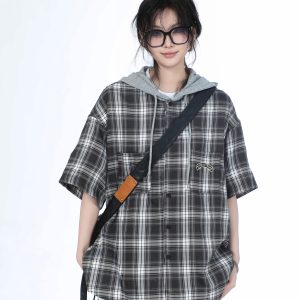 Summer Loose Plaid Hooded Short-Sleeve Shirt for Women - Casual Chic Style