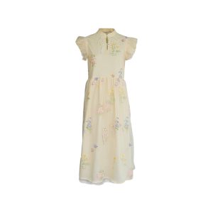 Summer of Cicadas Chinese Style Embroidered Button Short Sleeve Dress for Women - Vintage Short Flutter Sleeve Skirt