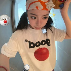 Summer Oversized Apple Print T-Shirt for Women - Casual Round Neck Heavyweight Short Sleeve Top, American Style Fashion