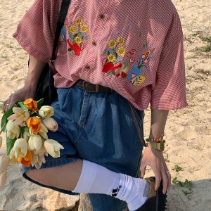 Summer Retro Fun Floral Embroidery Shirt with Denim Collar - Short Sleeve Plaid Top for Couples, Y2K Style Fashion