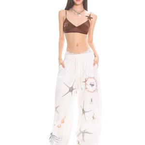 Summer Starfish Shell Print Casual Straight Pants for Work - American Design, Trendy and Comfortable, Perfect for Everyday Wear