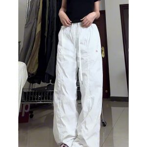 Summer White Cargo Pants for Women, Loose Fit Tapered Joggers with Drawstring, Casual Slimming American-Style Sportswear
