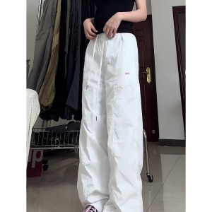 Summer White Cargo Pants for Women, Loose Fit Tapered Joggers with Drawstring, Casual Slimming American-Style Sportswear