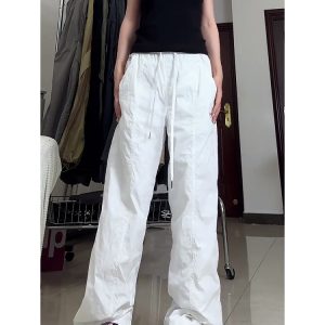 Summer White Cargo Pants for Women, Loose Fit Tapered Joggers with Drawstring, Casual Slimming American-Style Sportswear