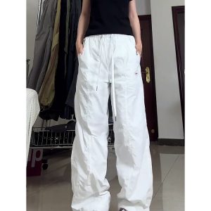 Summer White Cargo Pants for Women, Loose Fit Tapered Joggers with Drawstring, Casual Slimming American-Style Sportswear