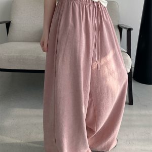 Summer Wide-Leg Casual Pants for Women - Loose Fit, Drawstring, Slightly Wrinkled Texture, Slimming Sun Grapefruit Color