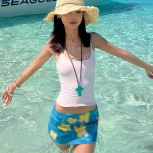 Summer Women's Blue Bodycon Skirt - Hand-Painted Egg Flower Design, Low-Waist Mesh, American Style, Hot and Spicy Short Skirt