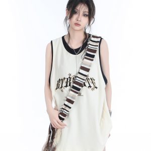 Summer Women's Loose Sports Sleeveless Top - Embroidered Fake Two-Piece Vest with "Sit and Eat Until the Mountains Are Empty" Design