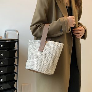 Summer Woven Straw Bucket Bag for Women - 2025 Stylish Beach Handbag, Vacation Essential, Small Tote for Girls