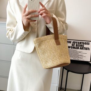 Summer Woven Straw Bucket Bag for Women - 2025 Stylish Beach Handbag, Vacation Essential, Small Tote for Girls