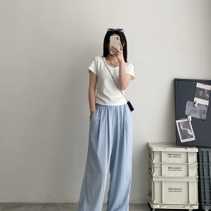 Sun Grapefruit Oversized Pleated Short-Sleeve T-Shirt for Women - Summer Fitted U-Neck White Top in Trendy Korean Style