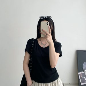 Sun Grapefruit Oversized Pleated Short-Sleeve T-Shirt for Women - Summer Fitted U-Neck White Top in Trendy Korean Style