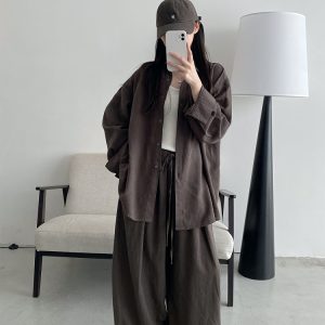 Sun Grapefruit Two-Piece Set - Ramie Tencel Loose Split Shirt & Wide-Leg Drawstring Pants - Relaxed Summer Outfit