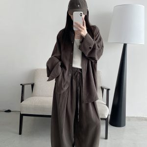 Sun Grapefruit Two-Piece Set - Ramie Tencel Loose Split Shirt & Wide-Leg Drawstring Pants - Relaxed Summer Outfit