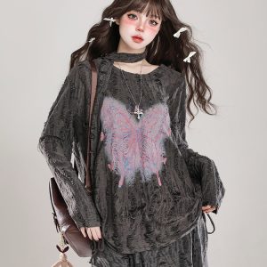 Sweet Girl Butterfly Embroidery Long Sleeve T-Shirt Sun Protection Cover-Up for Women - Spring Summer Loose Top for Lazy Style