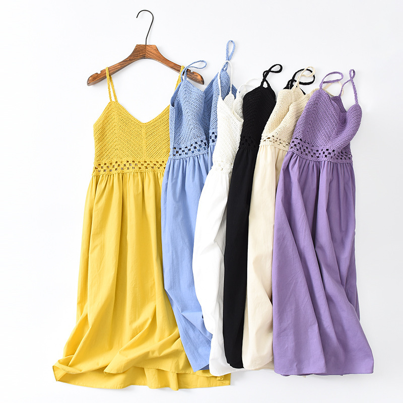 Sweet Hollow Knitted Camisole Dress - Summer Seaside Fairy Style with Waist-Cinching Design in White