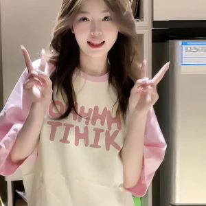 Sweet Pink Shoulder-Split Short Sleeve T-Shirt for Summer - Patchwork Style for Girls and Teens