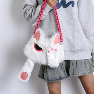 Sweet White Face-Covering Cat Bag - Cute Plush Shoulder Crossbody Bag for Y2K and Korean Style Lovers