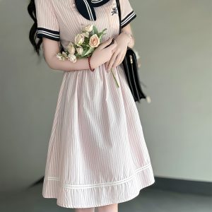 Sweetheart Pudding Bear JK Uniform College Style Dress with Butterfly Collar - Slimming Summer Dress for Women