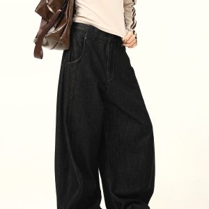Trendy American Retro Wide-Leg Jeans with Curved Blade Silhouette - High-End Loose-Fit Fashion Pants for a Chic Look