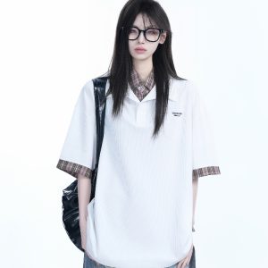 Trendy Fake Two-Piece Plaid Spliced Lapel Short Sleeve T-Shirt for Women - Loose Fit, Niche Design, Y2K Style