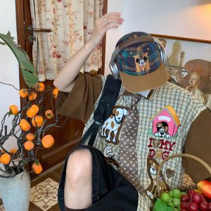 Trendy Loose Fit Short Sleeve Shirt for Women with Dog Embroidery and Plaid Cartoon Patchwork - Vintage 90s Style