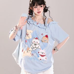 Trendy Off-Shoulder Cartoon Design T-Shirt for Girls - Cute Loose Fit Short Sleeve Top for Summer Style