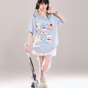 Trendy Off-Shoulder Cartoon Design T-Shirt for Girls - Cute Loose Fit Short Sleeve Top for Summer Style