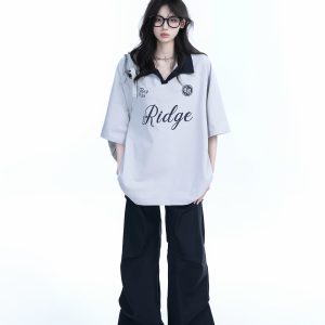 Trendy Oversized American College Style Sports T-Shirt for Women - Short Sleeve Polo, Casual Relaxed Fit, Y2K Fashion