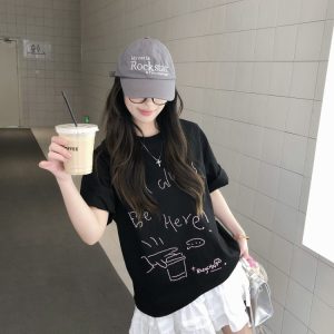 Trendy Relaxed Fit Beaded Letter Short Sleeve T-Shirt for Men and Women - Summer High-End Couple Style