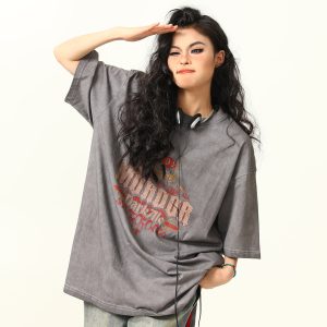 Trendy Retro High Street Printed Short-Sleeve T-Shirt for Men and Women, Vintage Wash Style, 90s Inspired Fashion