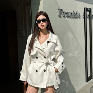 Trendy Short-Waisted Windbreaker Coat for Women with Collar, Long Sleeves, and Waist Tie - Casual Cardigan Style