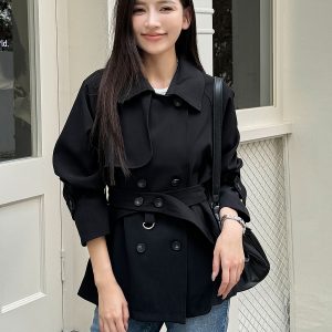 Trendy Short-Waisted Windbreaker Coat for Women with Collar, Long Sleeves, and Waist Tie - Casual Cardigan Style