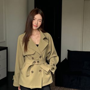 Trendy Short-Waisted Windbreaker Coat for Women with Collar, Long Sleeves, and Waist Tie - Casual Cardigan Style