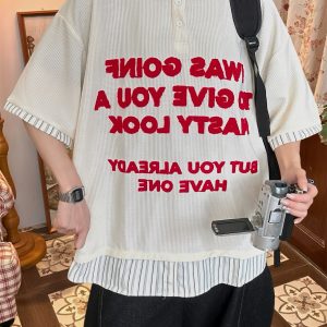 Trendy Spliced Striped Fake Two-Piece Short Sleeve Polo Shirt with Letter Embroidery for Men and Women - Vintage 90s Style