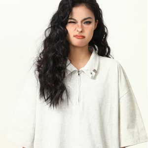 Trendy Unisex Half-Zip Metal Polo Shirt - Short Sleeve American Streetwear Top for Couples, Y2K Style Fashion Essential