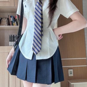 Unique Women's Short Sleeve Pocket Waist JK Shirt in White and Blue - Foldable Design, Casual Style, Perfect for Everyday Wear
