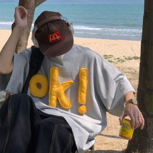 Unisex 3D OK Letter Printed Short Sleeve T-Shirt - Casual Vintage Summer Top, Loose Fit, Perfect for Y2K and Street Style