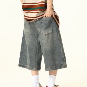 Unisex American Retro Washed Denim Shorts - Trendy Cropped Wide-Leg Straight-Leg Style for Streetwear Fashion