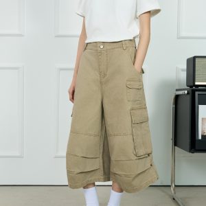 Unisex American-Style Wide-Leg Loose Pleated Seven-Point Shorts for Summer Commuting - Fashionable Workwear with Pockets